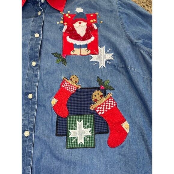 KAREN SCOTT Chambray Button Shirt Cord Collar Christmas Santa Stockings 2X READ - Picture 2 of 10